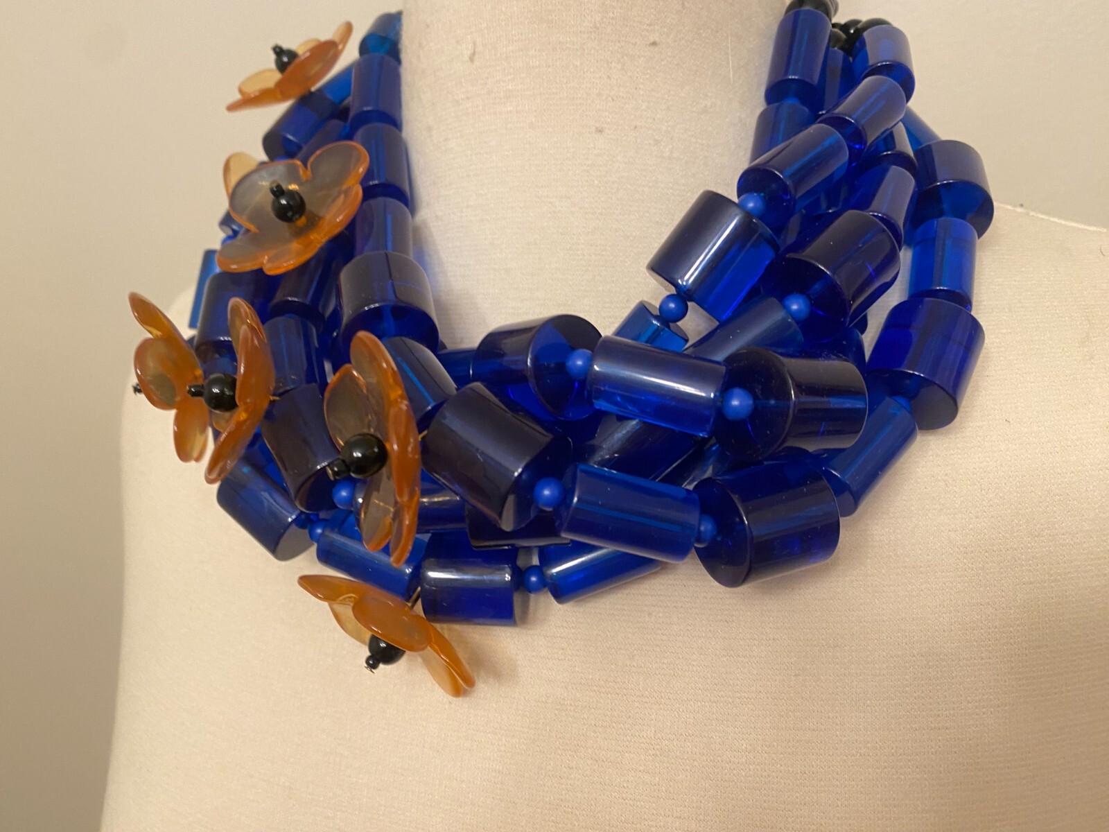 Fabulous Blue Tubular Lucite & Flowers Multi Strand Necklace