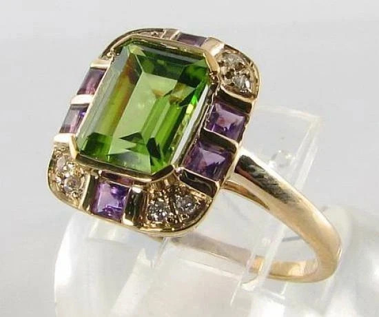Art Deco 3.5Ct Emerald Cut Peridot Amethyst Lab Created Diamond 14K Gold FN Ring