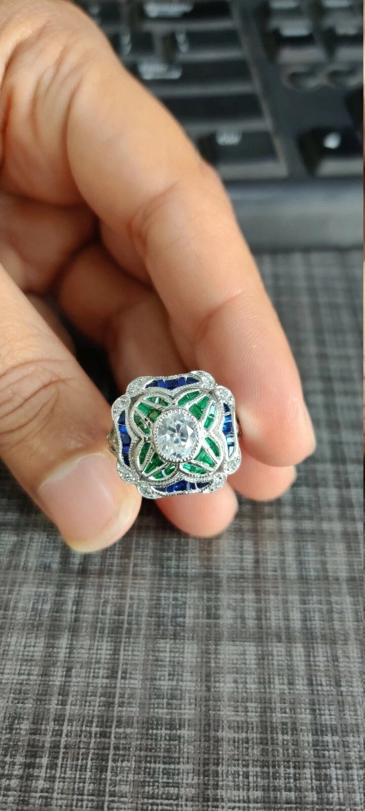 Art Deco Round Lab Created Diamond & Emerald Wedding 14Ct White Gold Finish Ring