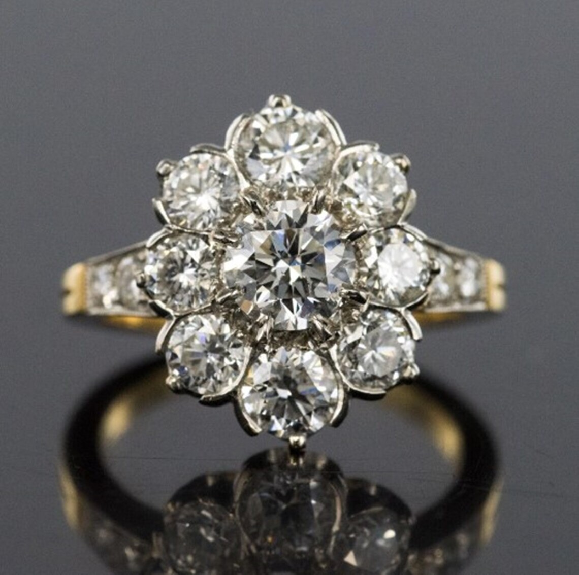 2.09Ct Round Cut Moissanite Cluster Set Halo Floral Look Ring in Solid 14KT Gold