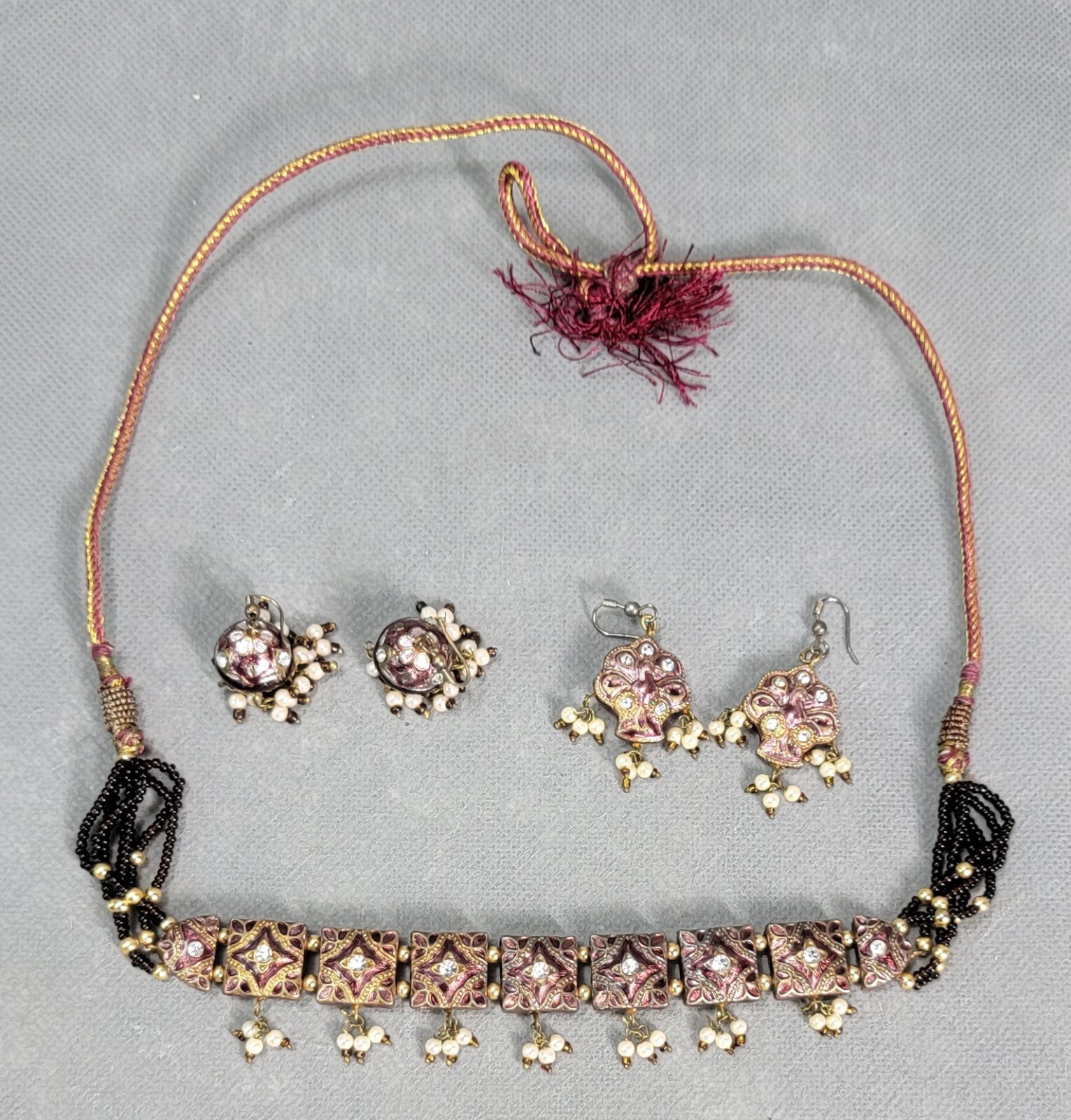 Vintage BOHEMIAN Enamel & Rhinestone NECKLACE & EARRINGS Boho INDIA Lot