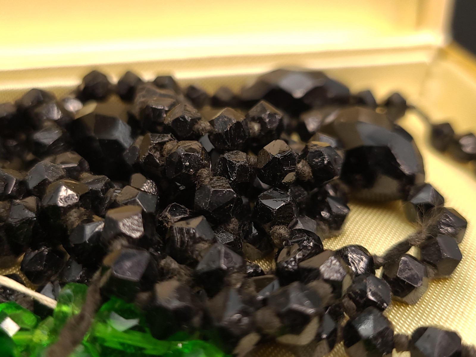 Antique Czech Glass Beads Lot Green Black Hand Cut Faceted w/ Box
