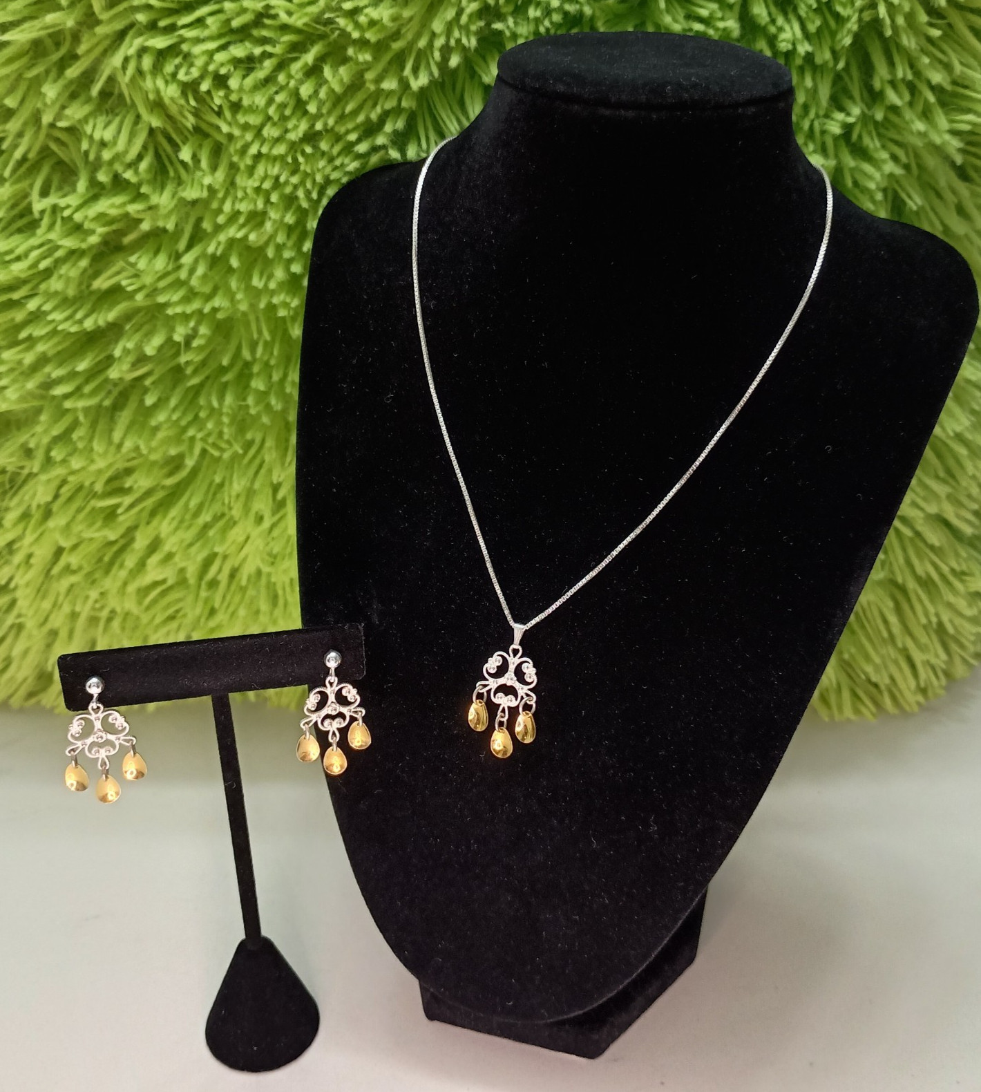 Vintage Finnish ARU Sterling Silver Filigree Necklace & Earring Set Sundrop