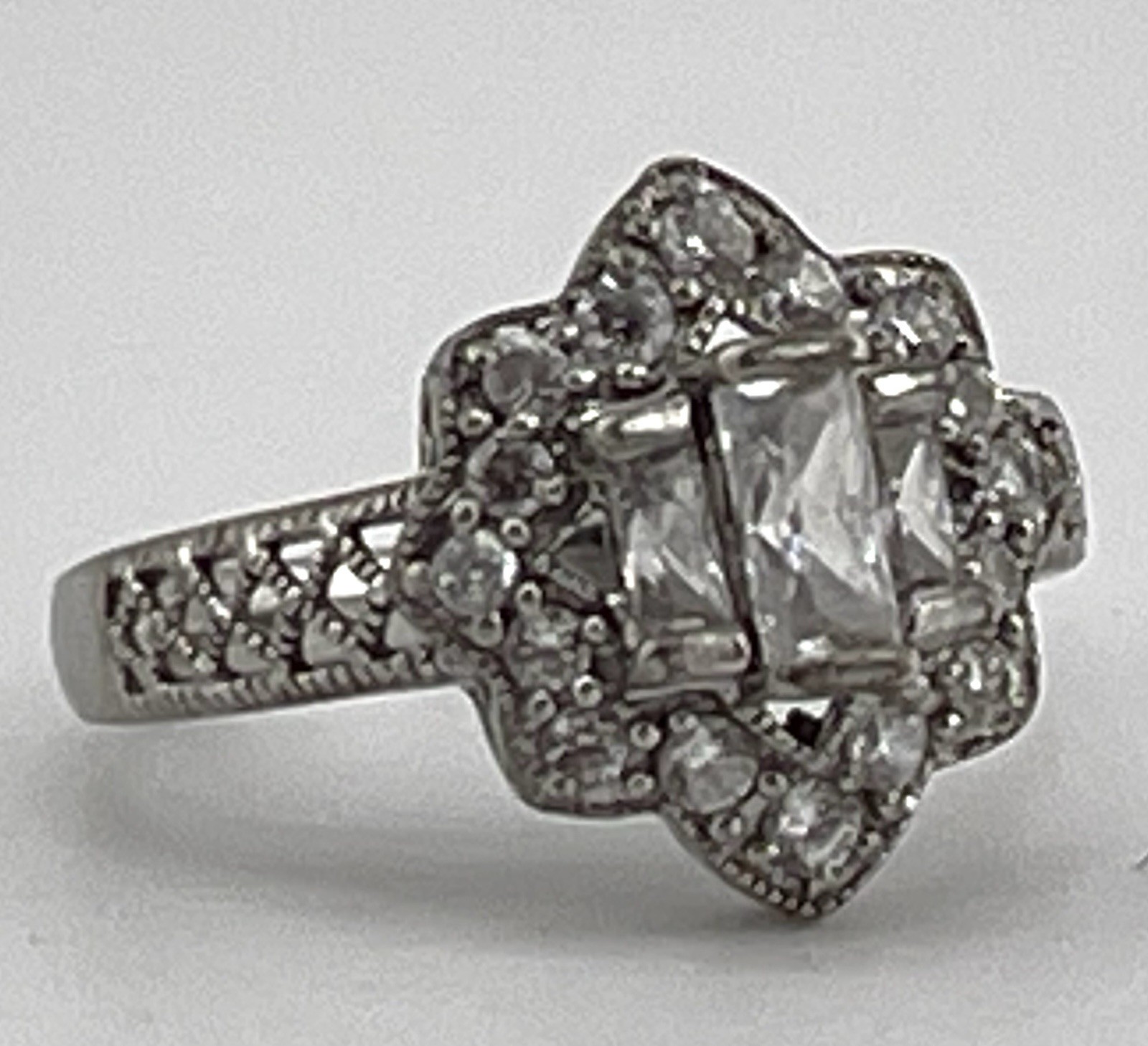 MEDA Sterling COCKTAIL RING w/Baguette & Other CZ In Filigree Setting Size 7.5