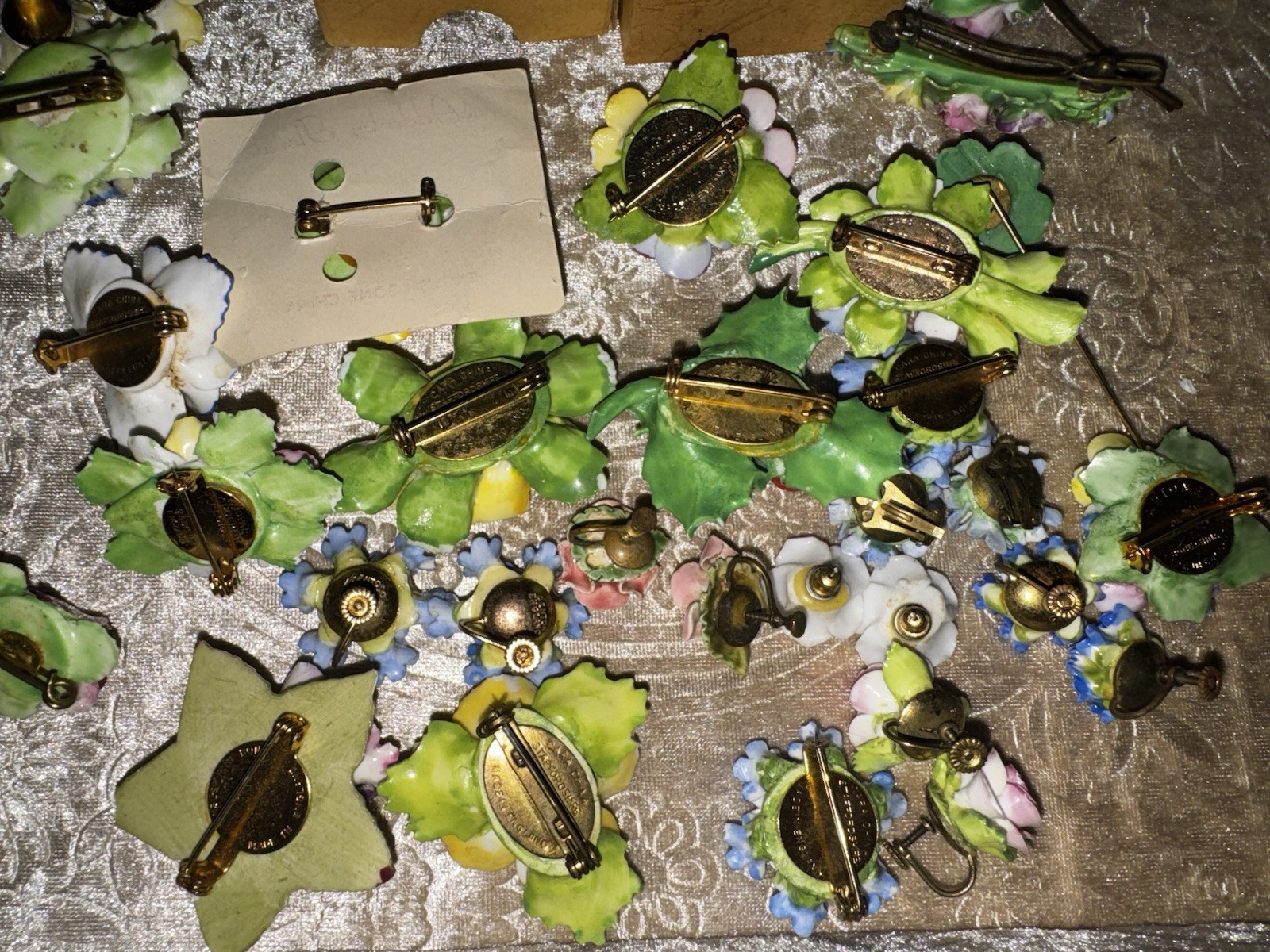 Vtg Jewelry Lot Signed English Fine Bone China Flower Art Brooch Earring Garden