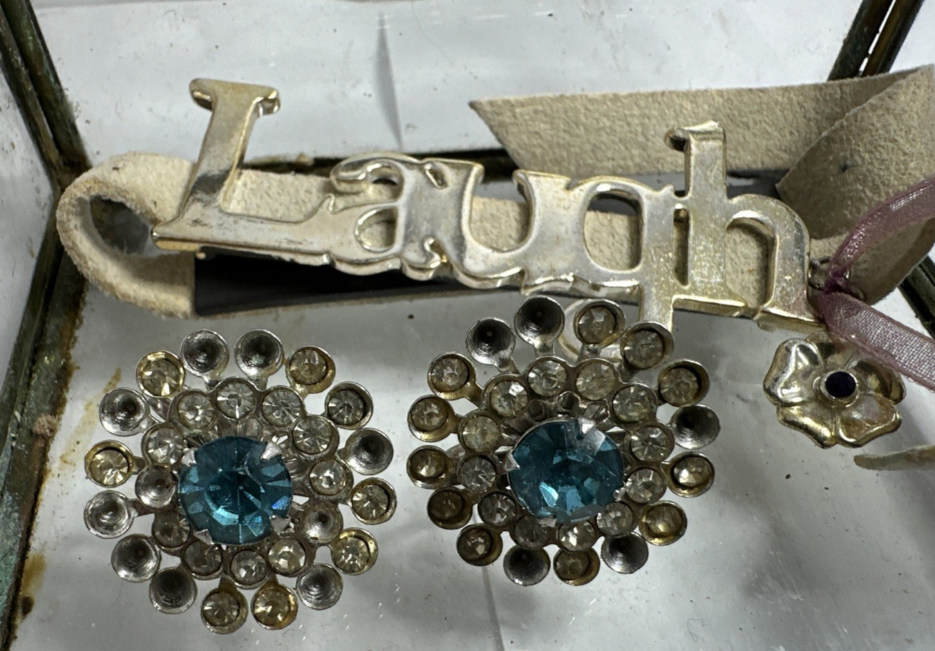 Costume Jewelry & Antique Lot in Brass-Lined Case – 19+ Pieces Pins, Bracelets