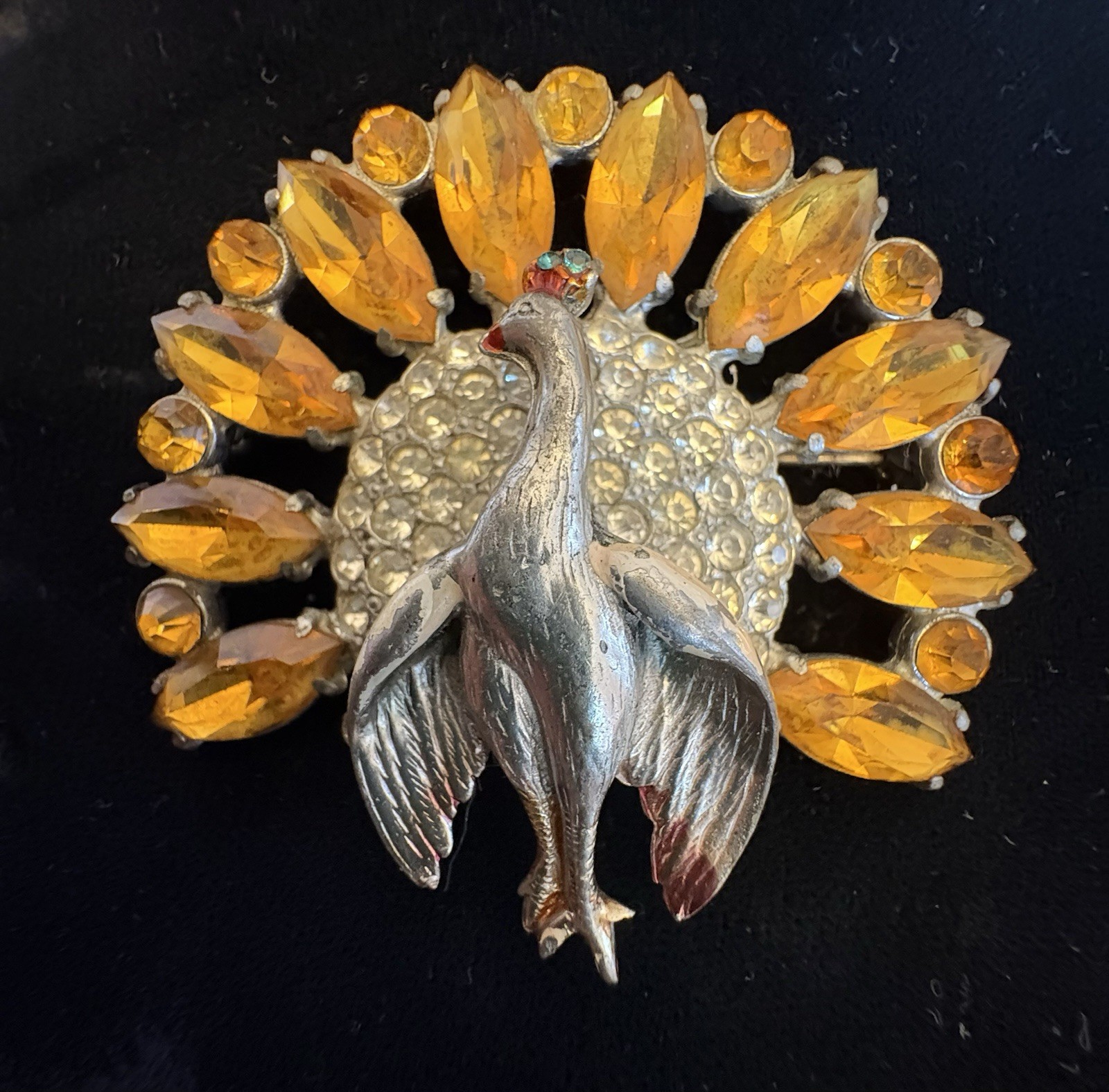 30s Vintage Pot Metal Peacock Brooch Amber Glass Marquise Pave Rhinestones 2.5″