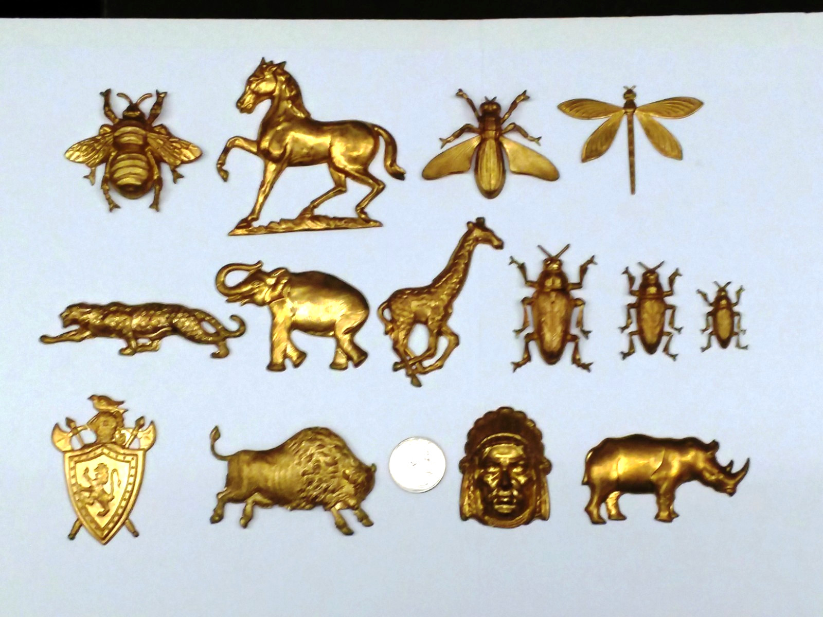 BRASS METAL STAMPINGS OF ANIMALS AND OTHERS/ 14 TOTAL
