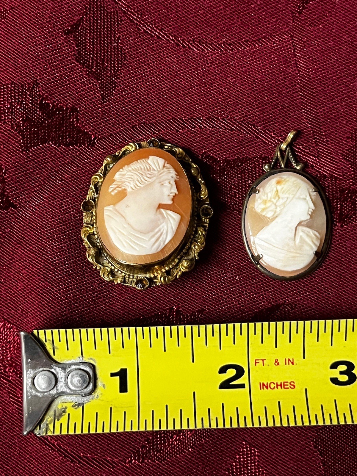 2 Antique Shell Cameo Brooches Pins One Is Ornate & Bejeweled