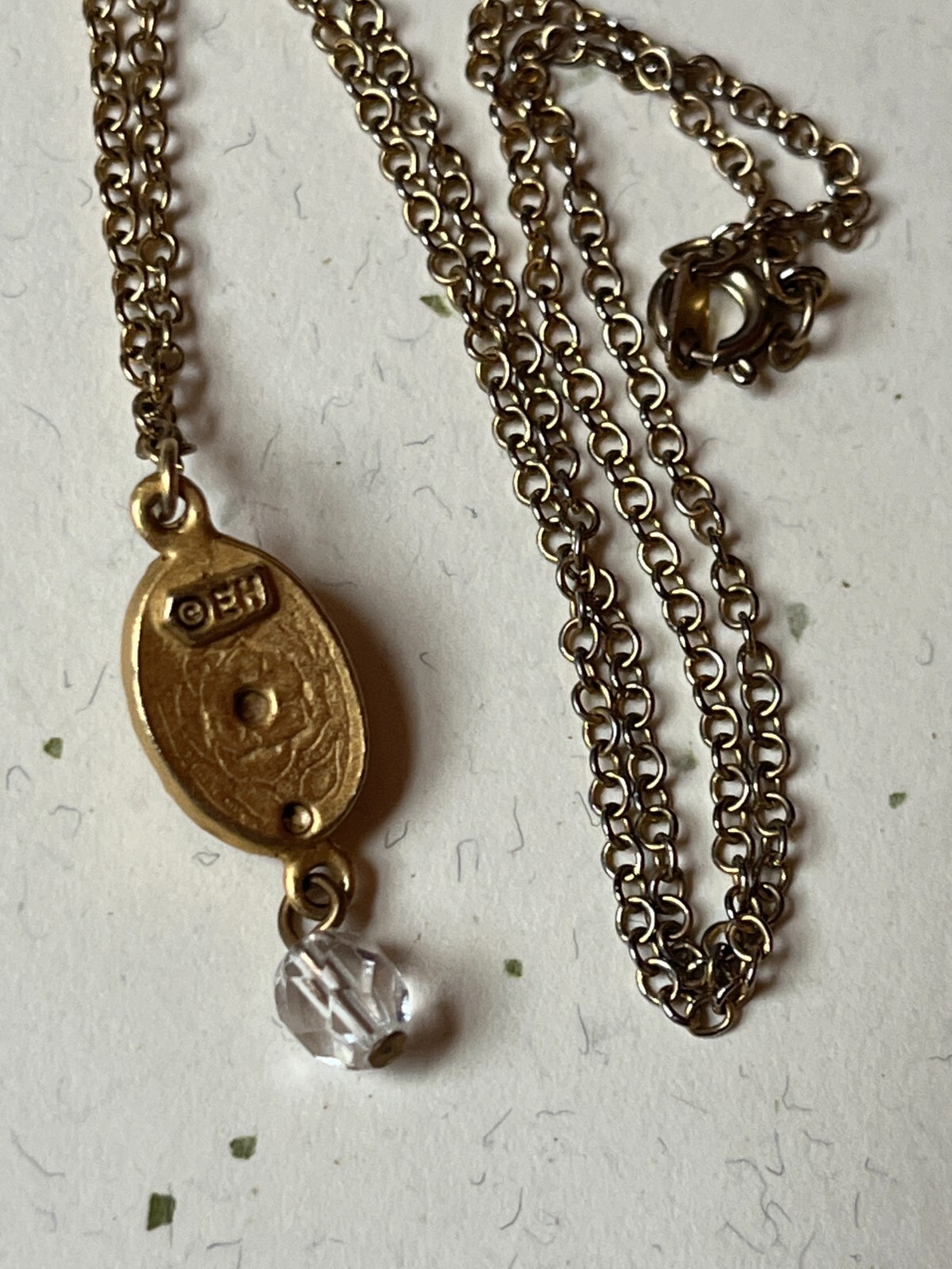 Dainty Goldtone Chain w Small EH Signed Oval Rose Flower & Clear Bead Dangle Pen