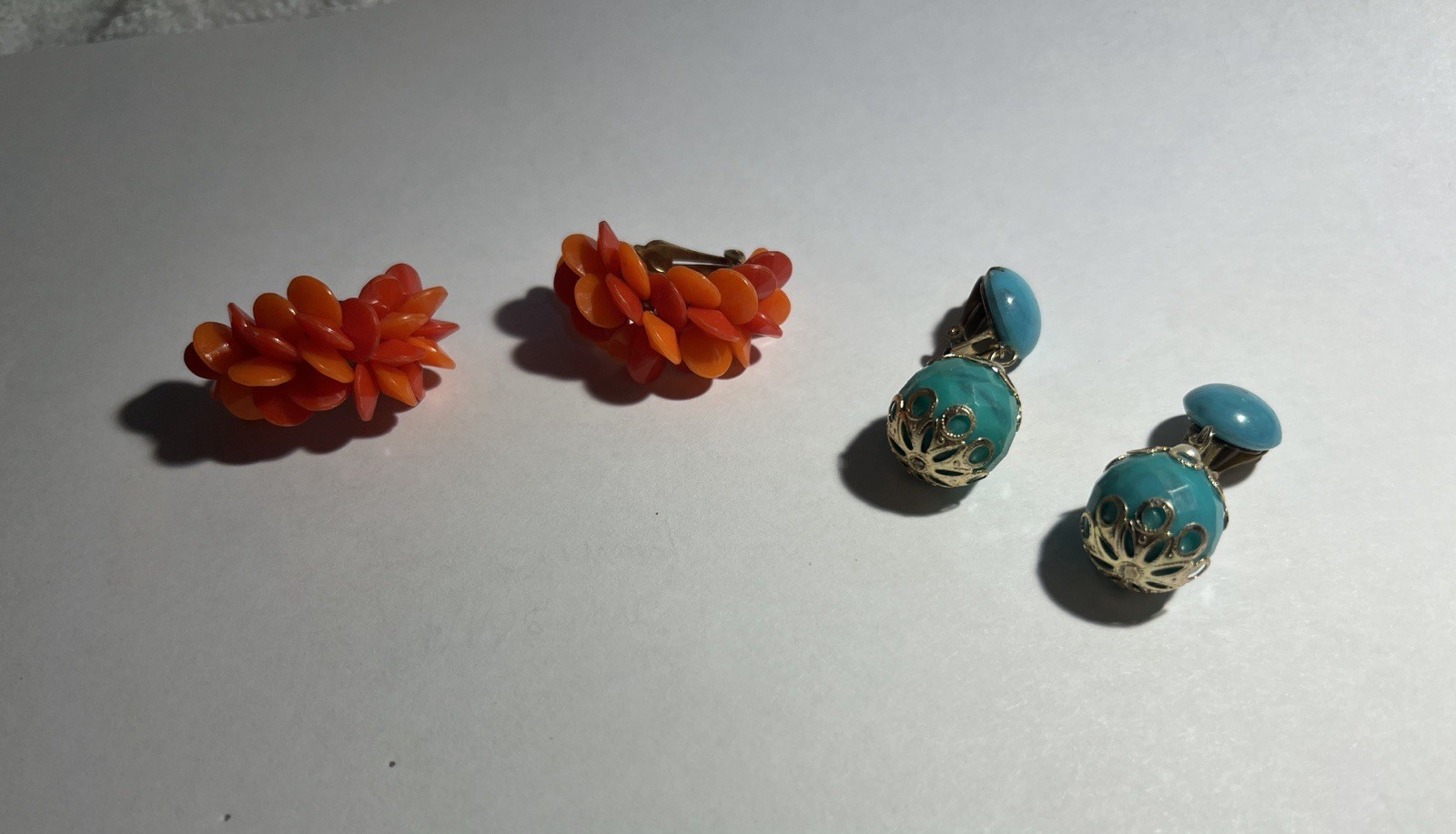 Vintage Lot Of 2 1960s Clip On Earrings Hong Kong Orange Petal Turquoise Dangle