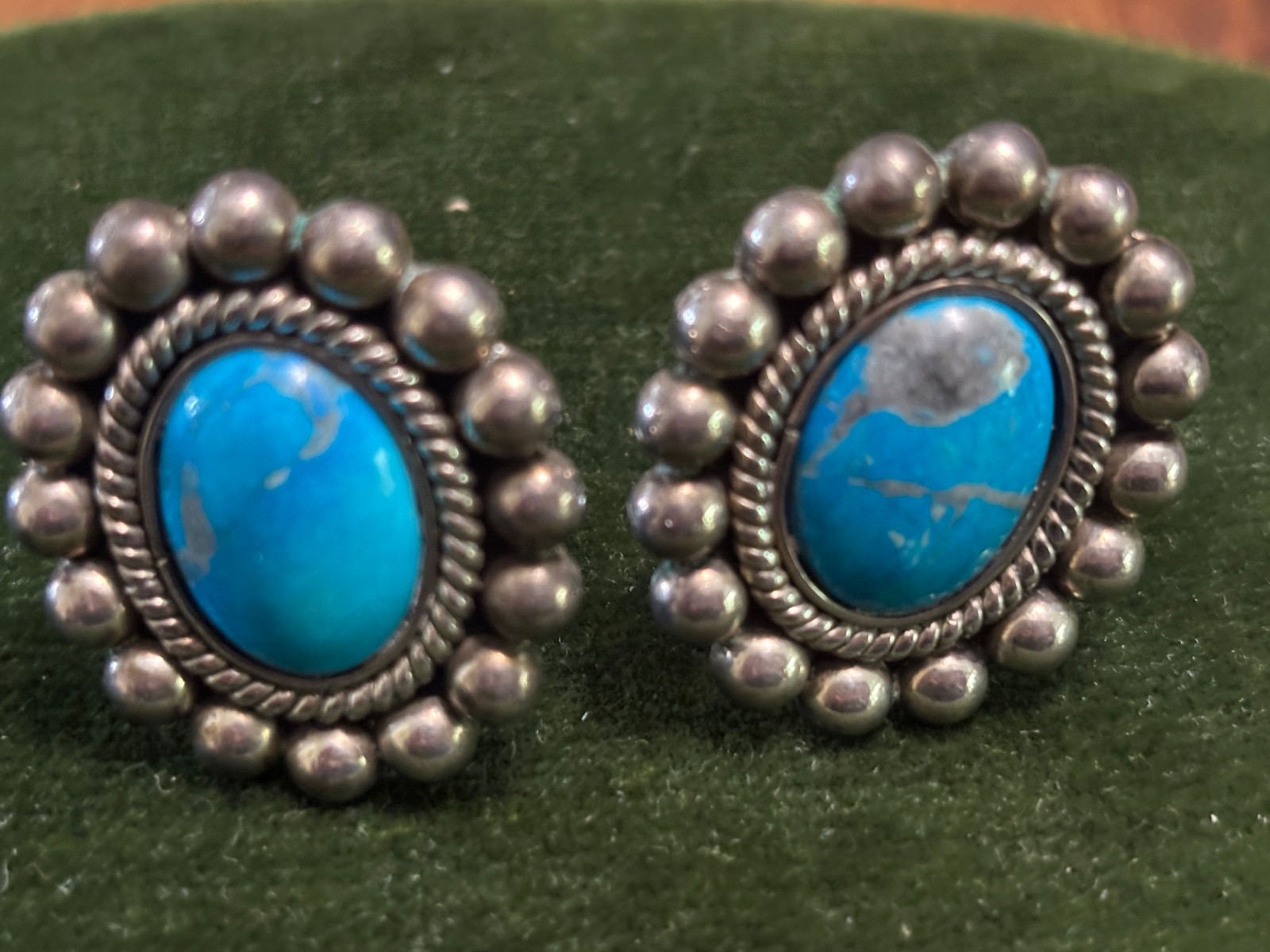 Vintage Mexico Turquoise 925 Silver EARRINGS Clip Back Ovals Bead & Rope Trim