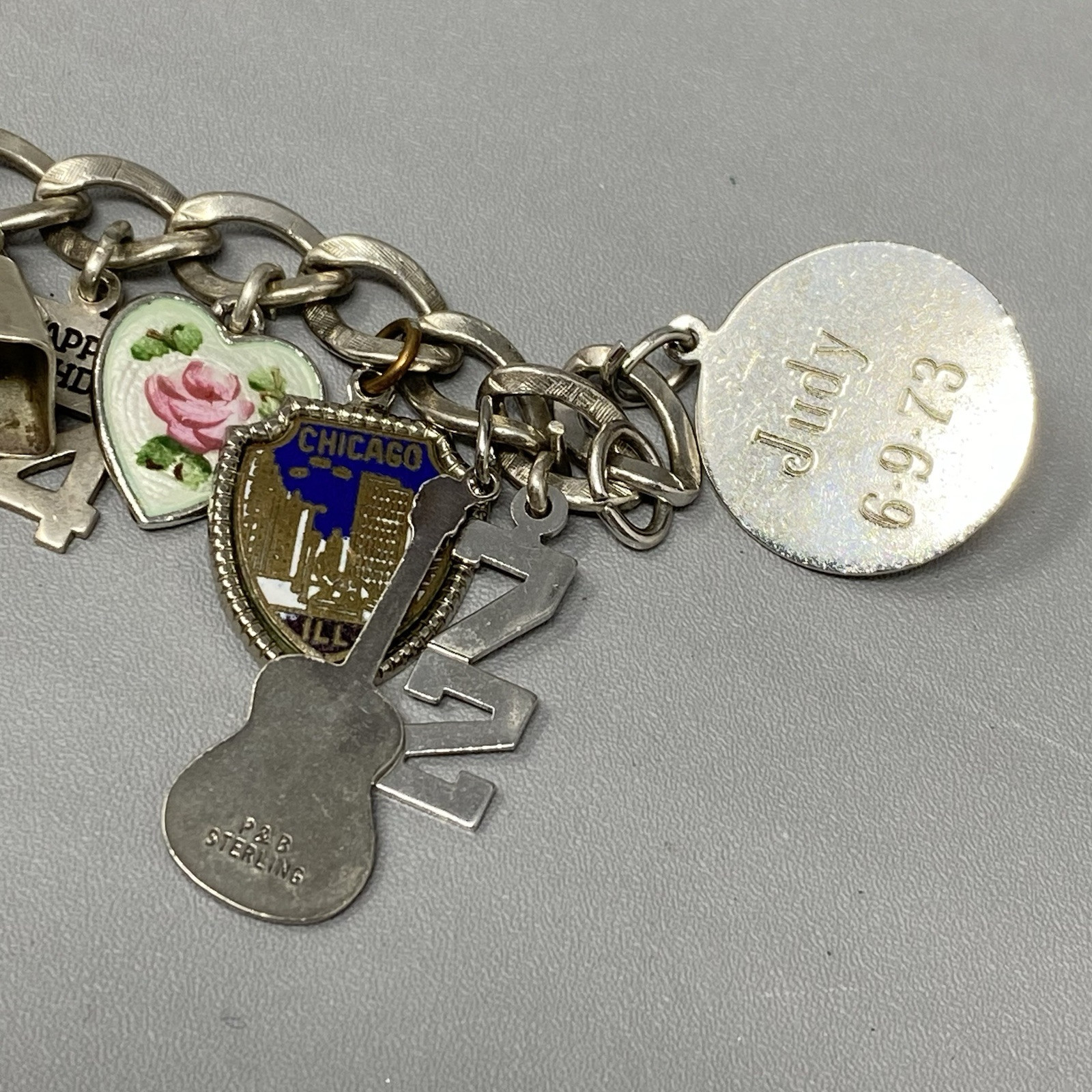 VTG 20 Charm Bracelet Sterling Silver Birthday Natie Cowbell School Hearts 6.5″