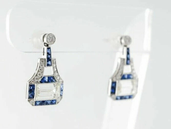 Art Deco Style Lab Created Diamond & Sapphire Wedding 14K White Gold FN Earrings