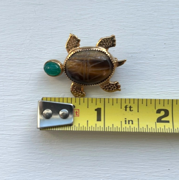 Vintage Tiger’s Eye Scarab Turtle Pin Brooch with Green Stone Head