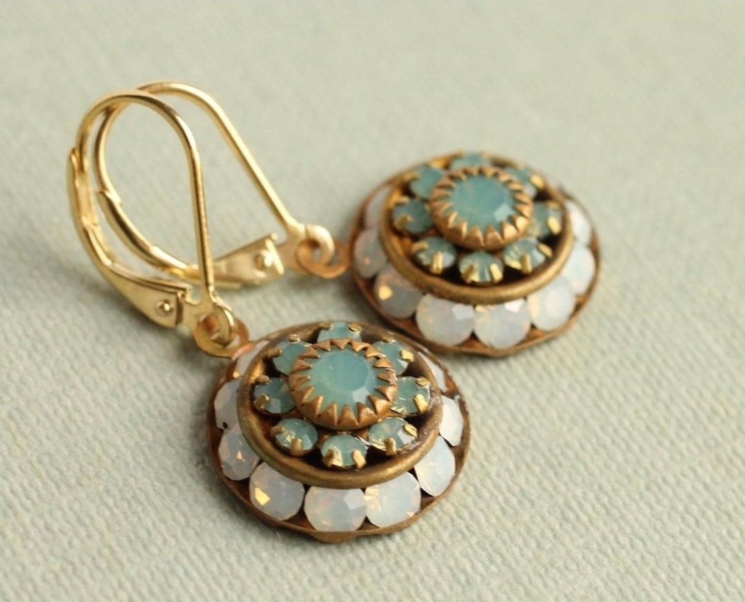 SALE VINTAGE SWAROVSKI OPAL PACIFIC GREEN BLUE & OPAL MOONSTONE CRYSTAL EARRINGS