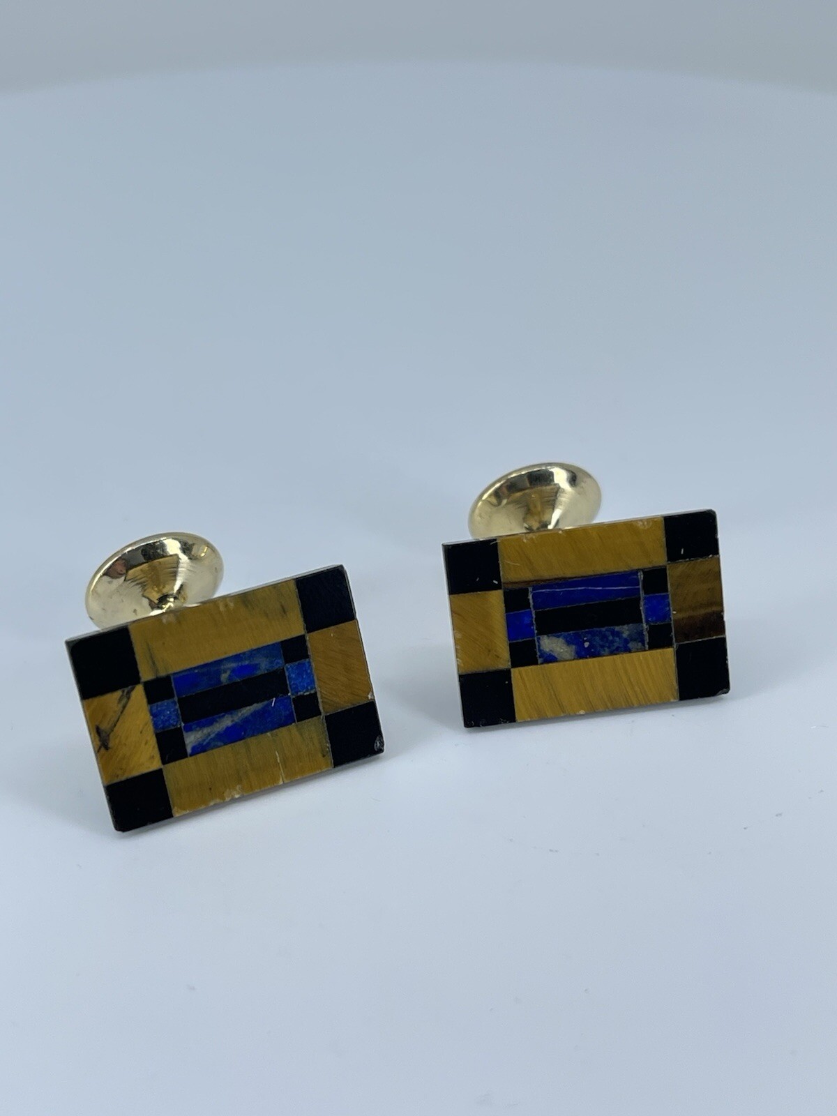 Vintage Onyx Lapis Tigers eye rectangle cufflinks polished gold tone fixed backs