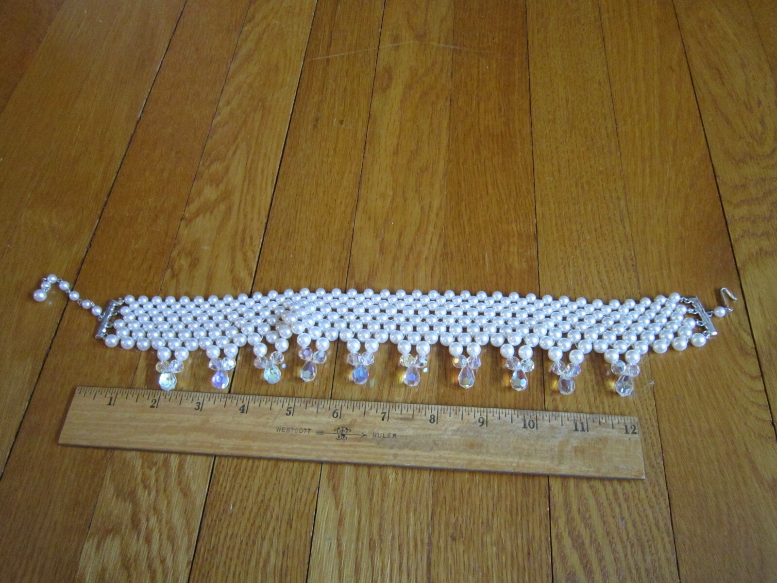 Vtg Faux Pearl Crystal Bead Choker Necklace Layered Bib Statement Wedding Retro
