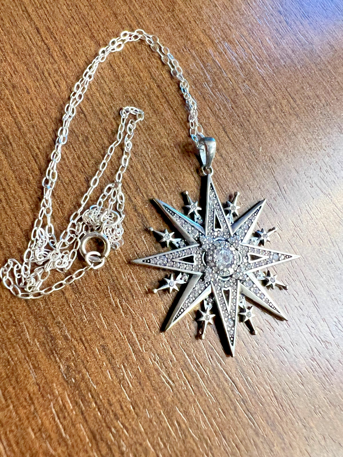 Vintage 925 Sterling Star Bethlehem Starburst White Zircons Pendant Necklace 18″