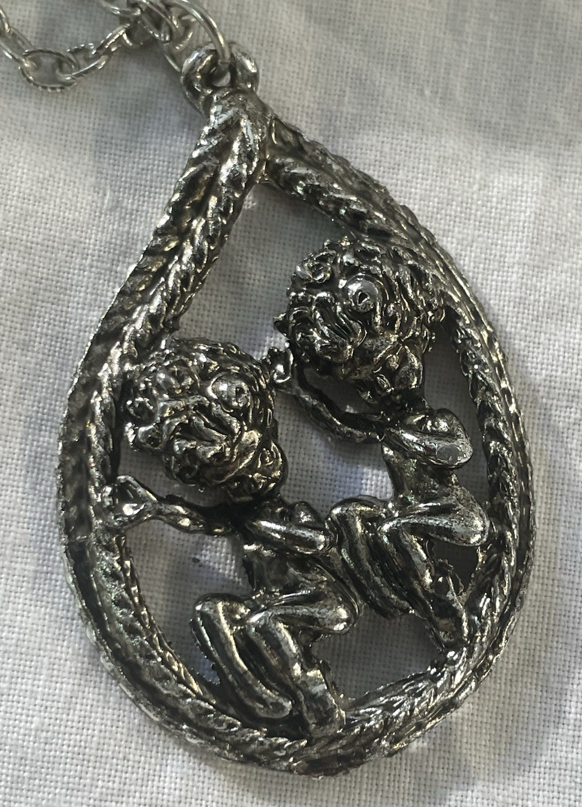 Vintage Cyvra Pixie/Sprite Silver Tone Pendant On A 24” Chain