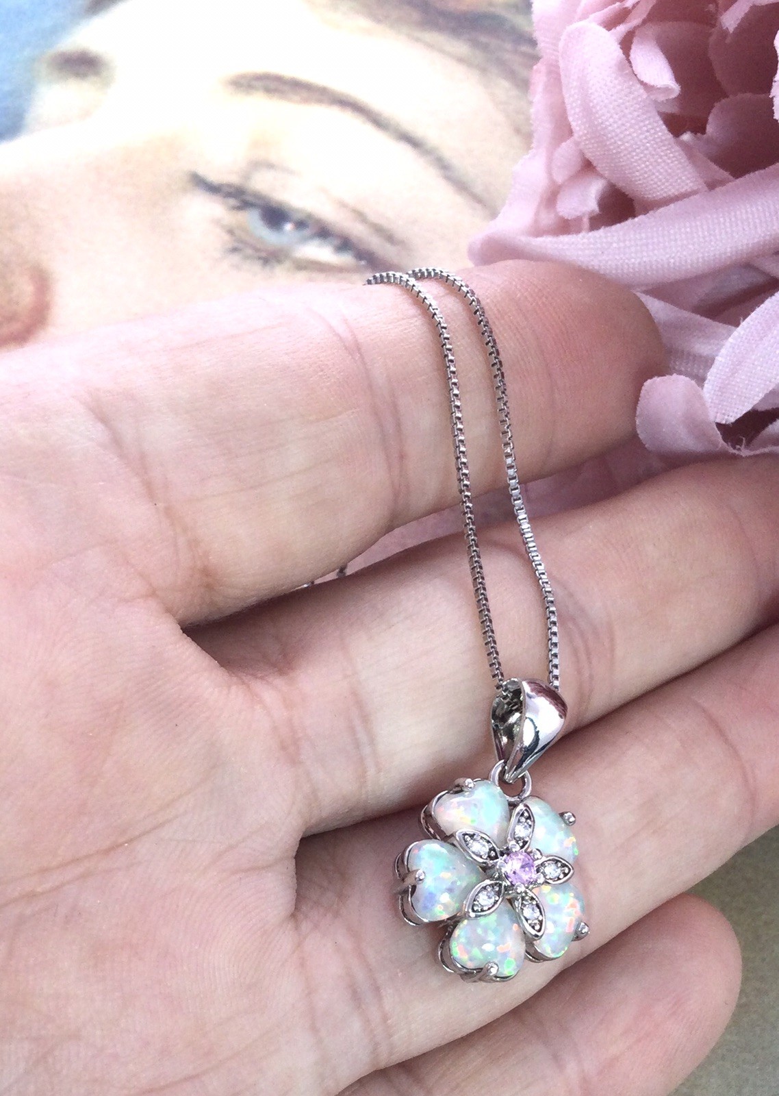 Vintage Jewellery Gold Necklace Blue Opal Sapphires Pendant Antique Deco Jewelry
