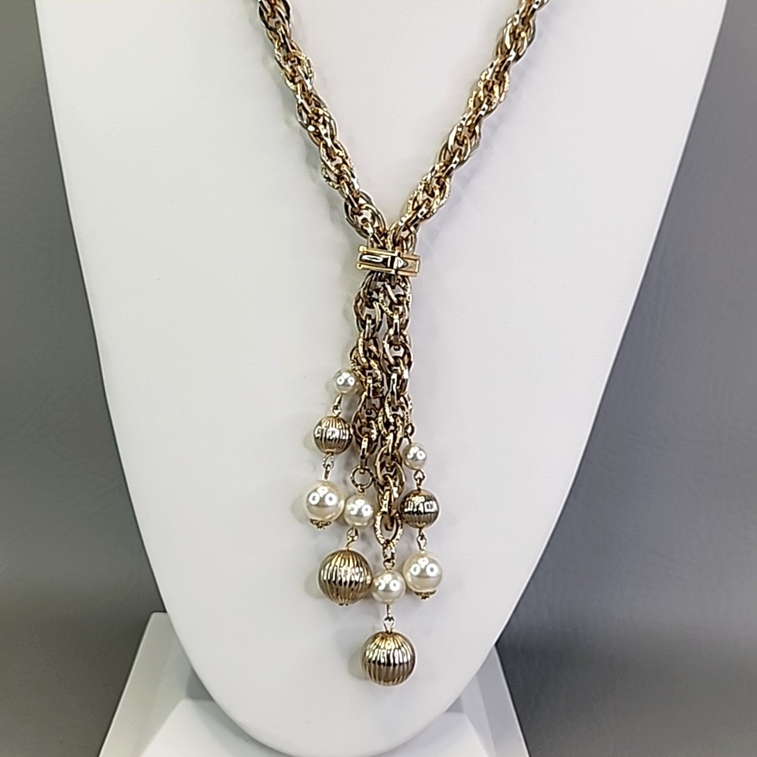 Vintage Slider Rope Necklace Tassel Faux Pearls Ribbed Ball Beads Chunky 28″