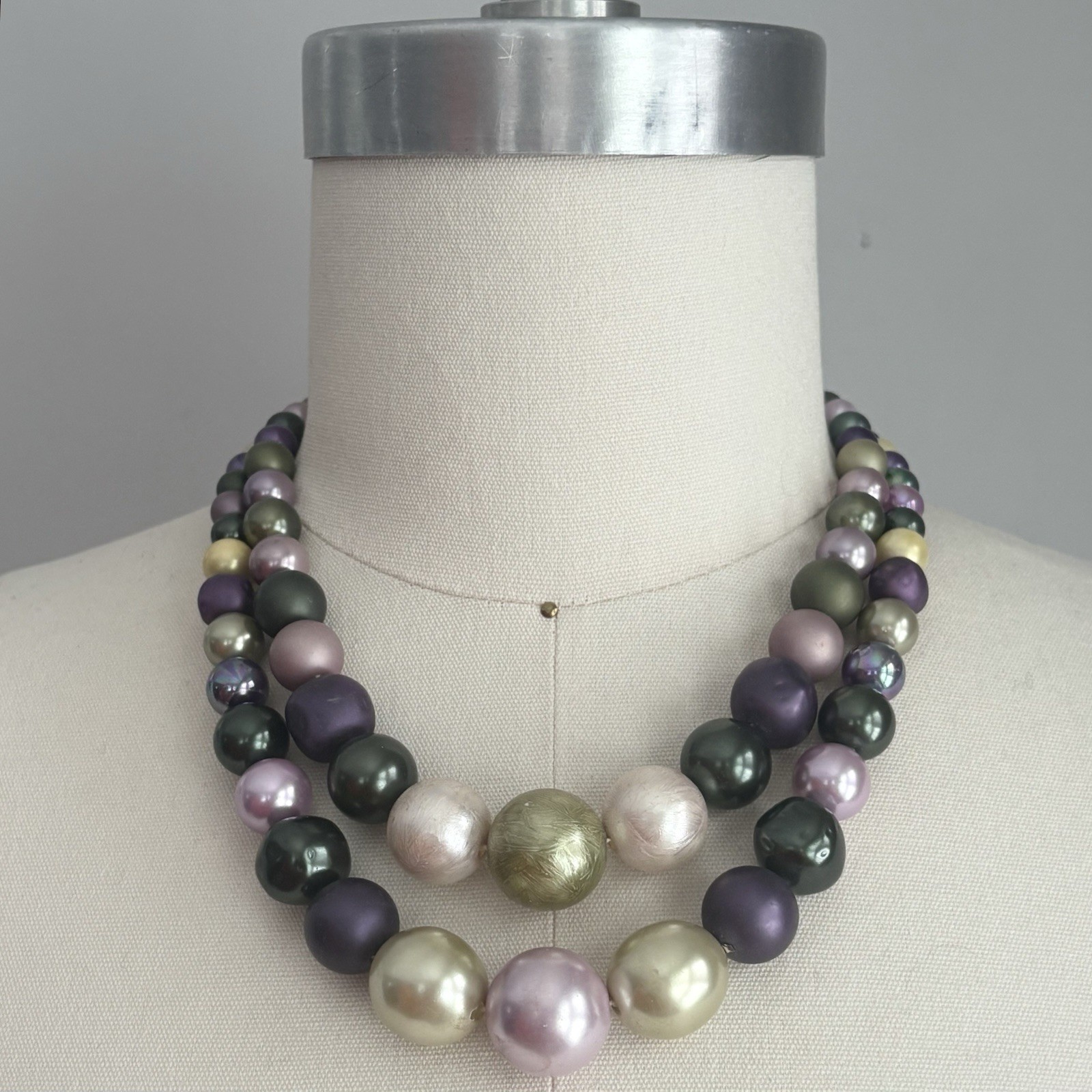 Vintage 1960’s Purple Lavender & Green Faux Pearl Double Strand Necklace