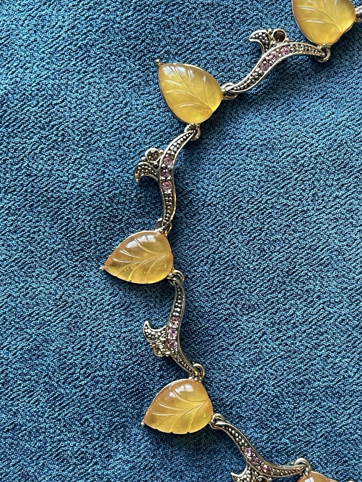 Vintage Opalescent Leaf Necklace Rhinestone Art Nouveau Style Amber Glass Dangle