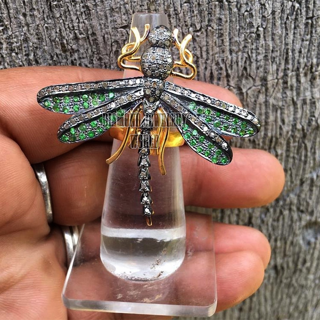 Gorgeous 1.72ctw Rose Cut Diamond Gemstone Silver Vintage Dragonfly Ring Jewelry
