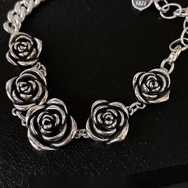 New 925 Sterling Silver Vintage Roses Flower Chain Bracelet Trendy Style Bangle