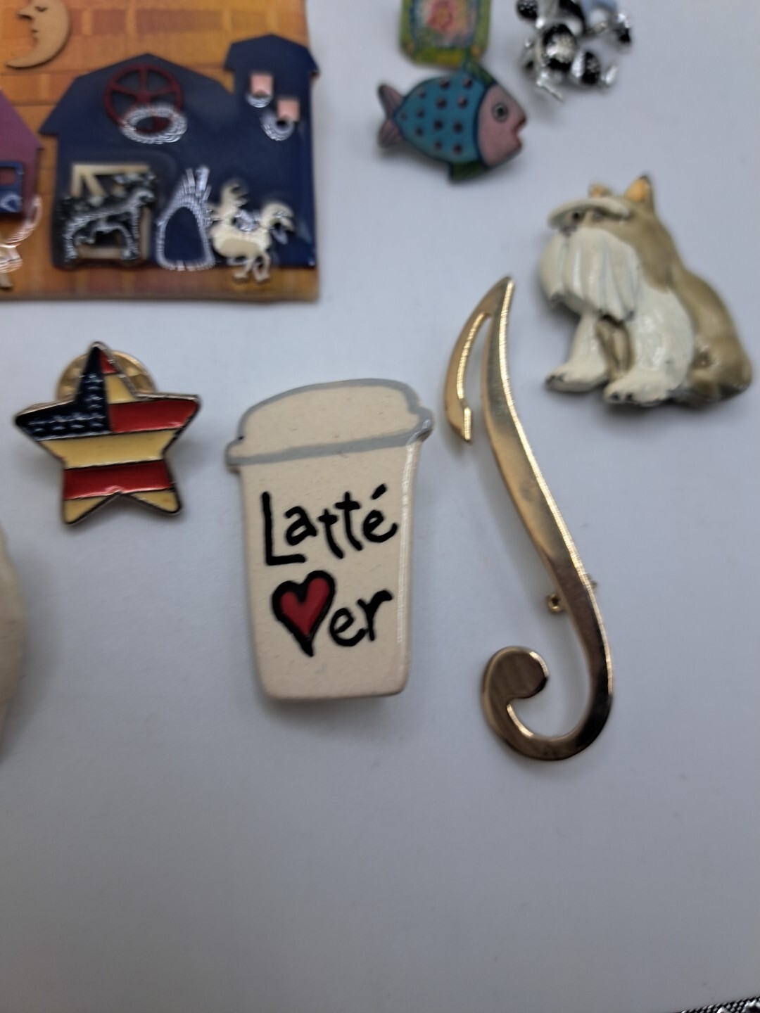 Vtg Lot (17) Pins Lapels Funky Eccentric Cat Flower Dog Handmade Latte Animals