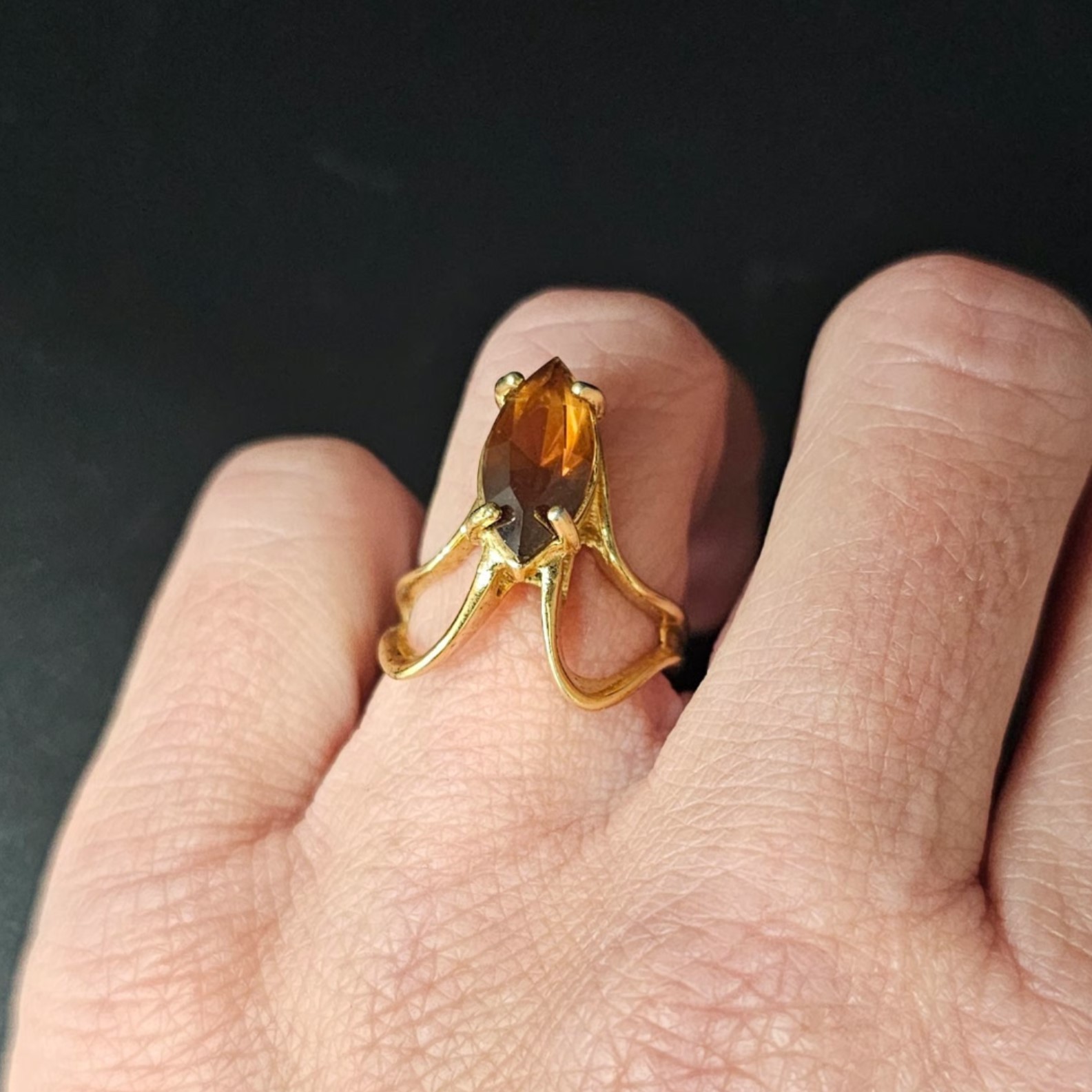 Vintage Mid-Century Modernist 18K HGEFS Smoky Quartz Cocktail Ring Size 6.75