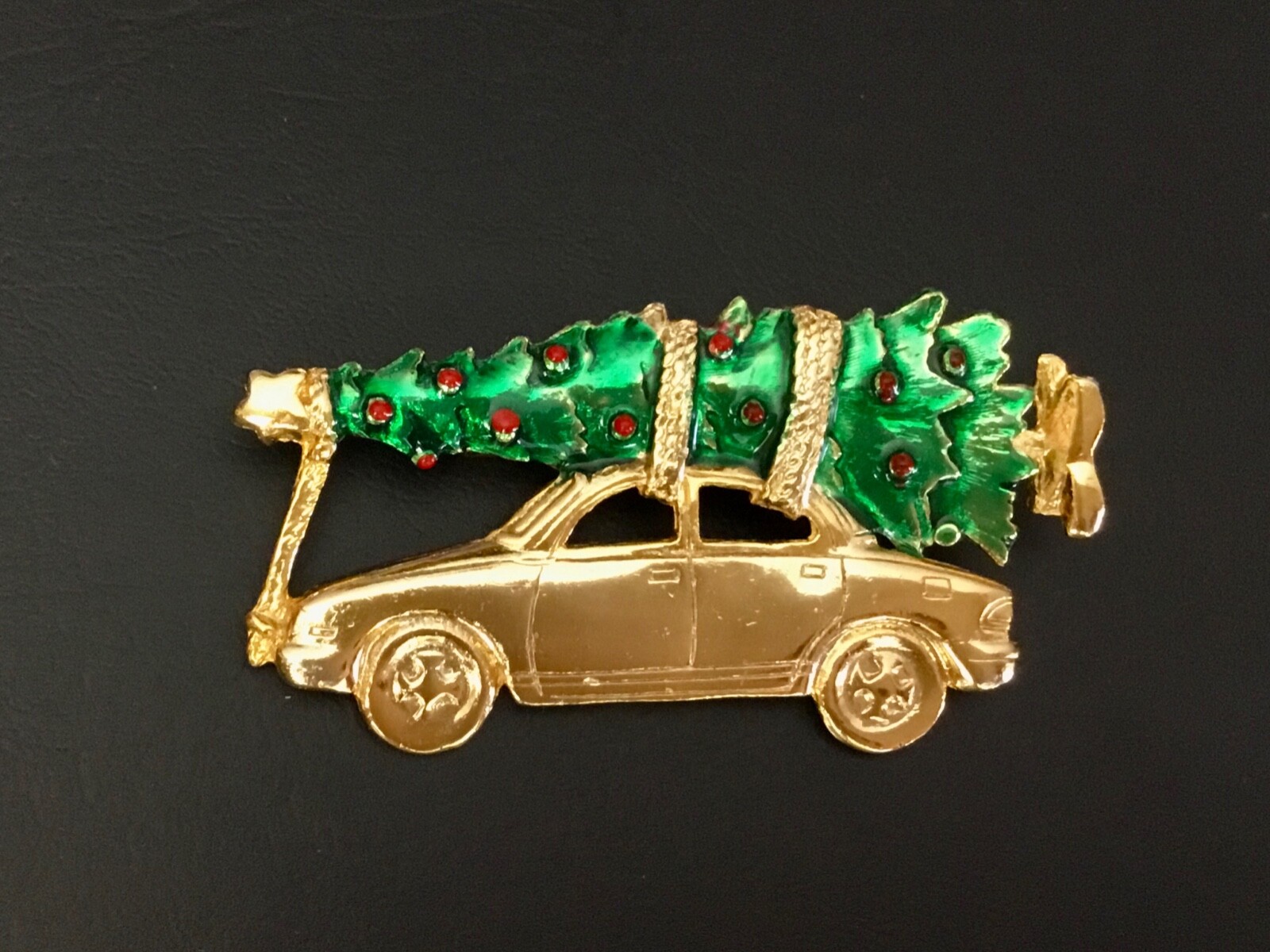 AJC Christmas Brooch Bringing Home the Tree with Car Gold Tone and Enamel