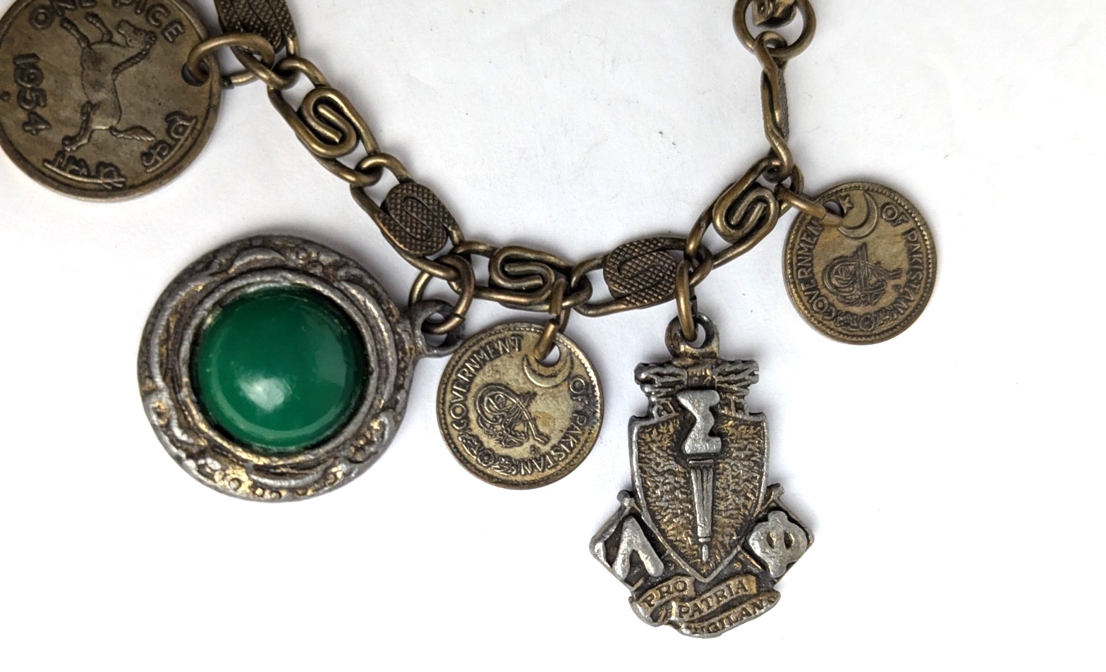 1950s Vintage Heraldic Chunky Charm Bracelet with Pakistan and India Coins 7″