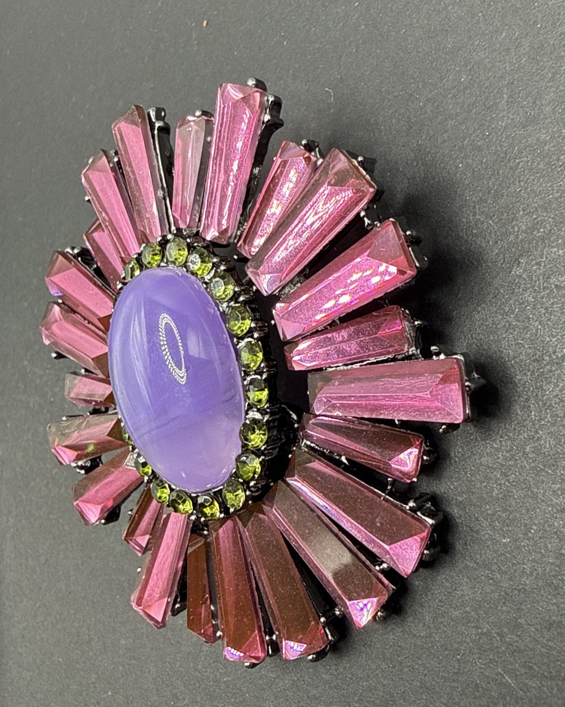 HUGE Brooch Pin Pink Purple Green Rhinestone Oval Ruffle J58