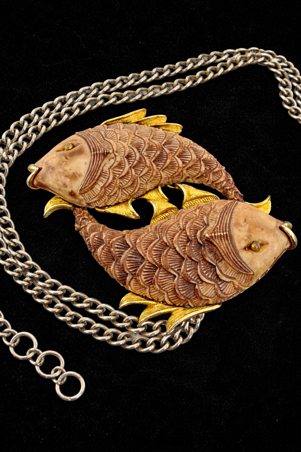 Vintage Razza Double Fish Necklace Carved Resin Faux Bone Gold Tone Large Pisces