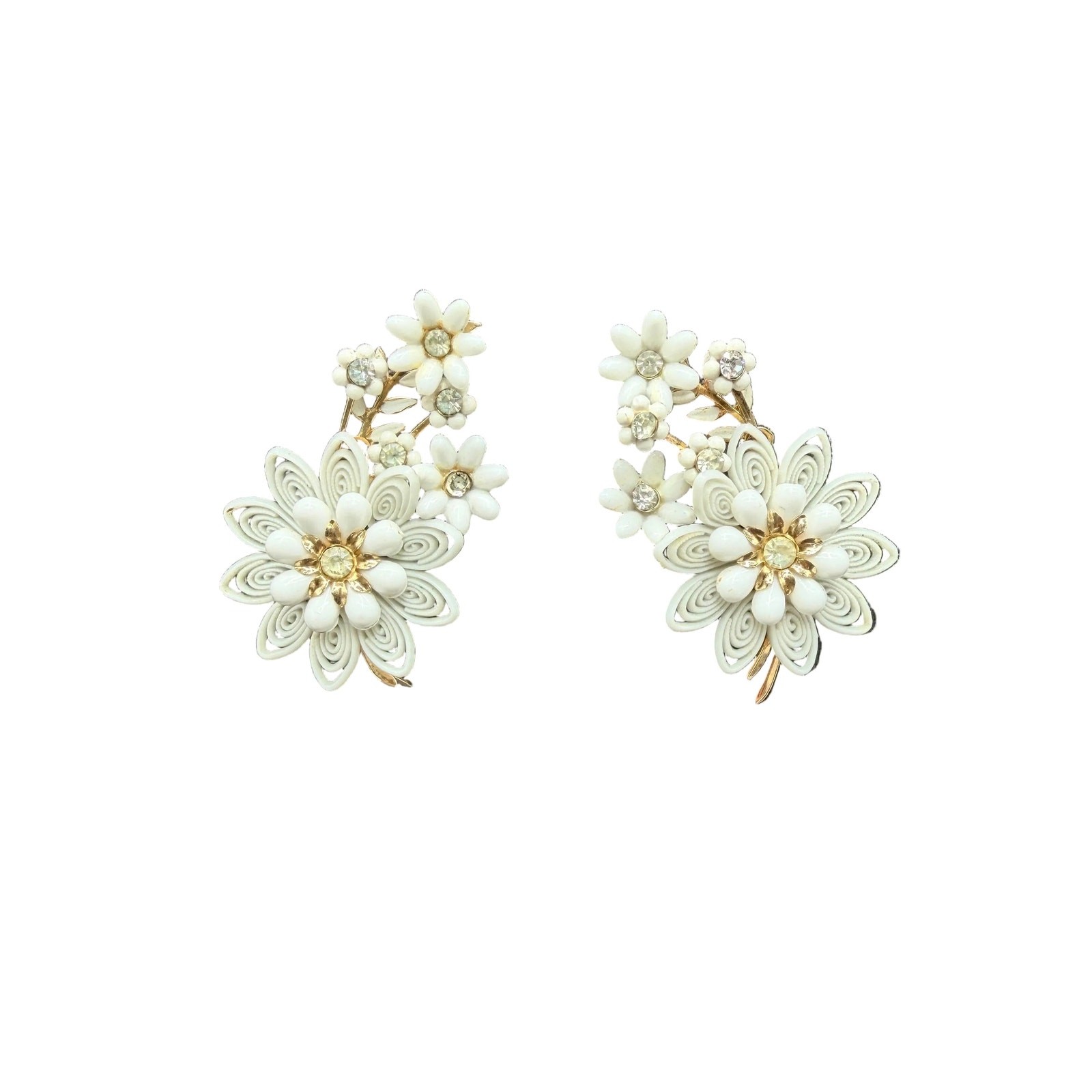 1950s Coro White Plastic Floral Bouquet Ear Climber Clip Earrings