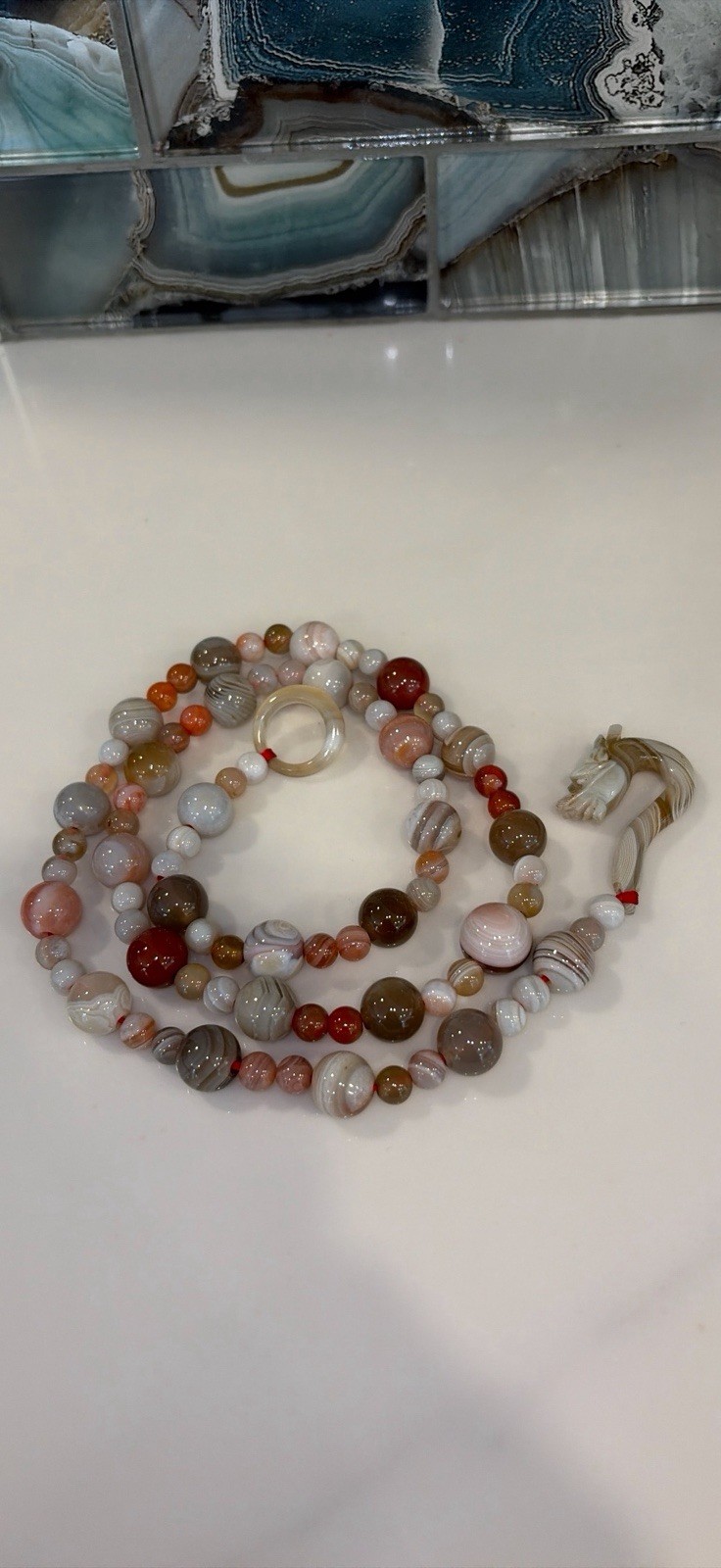 Gorgeous Asian Agate Bead Necklace With Carved Dragon Head Toggle closure