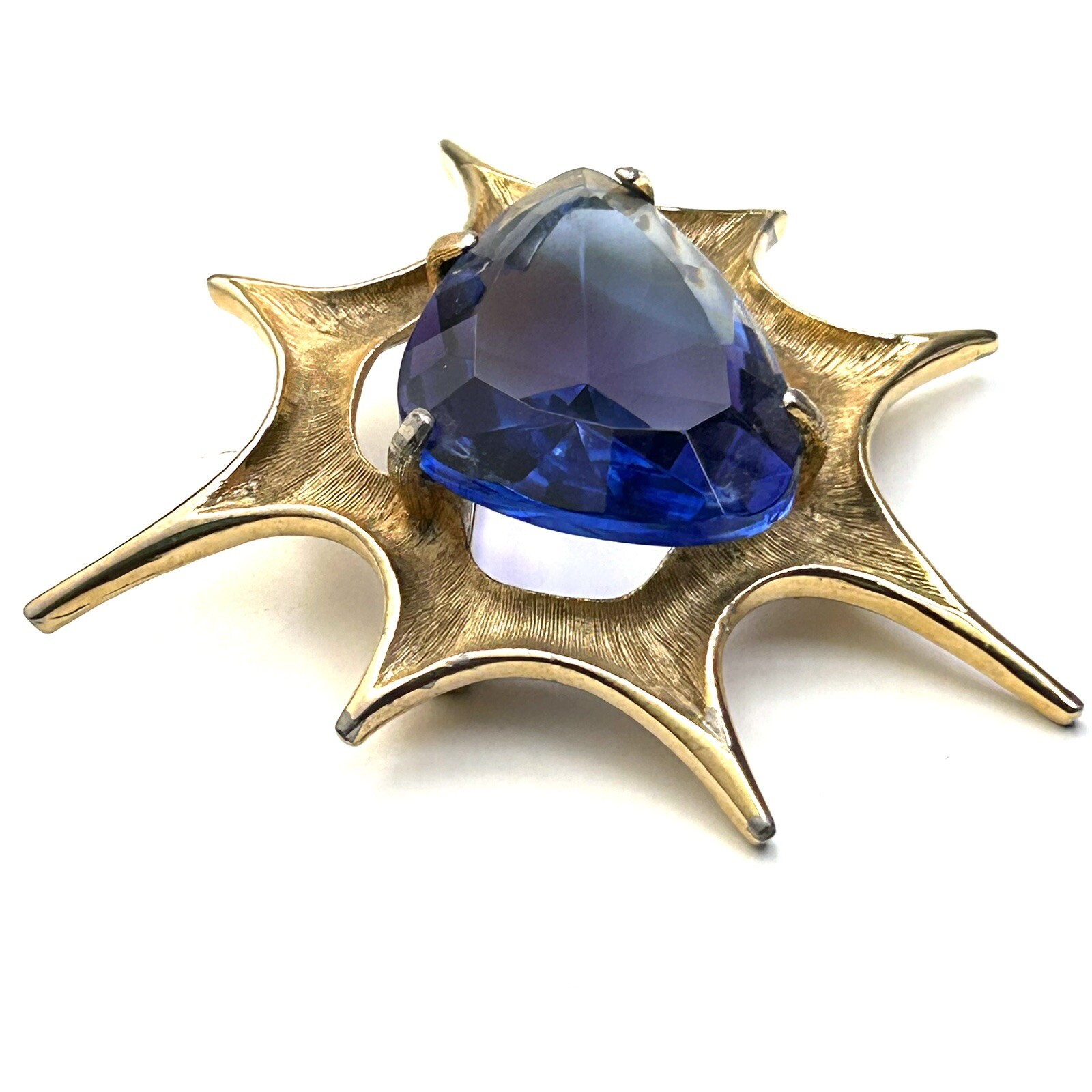 Atomic Blast Brooch Pin Signed BSK Gold Tone Blue Stone Starburst Vintage MCM