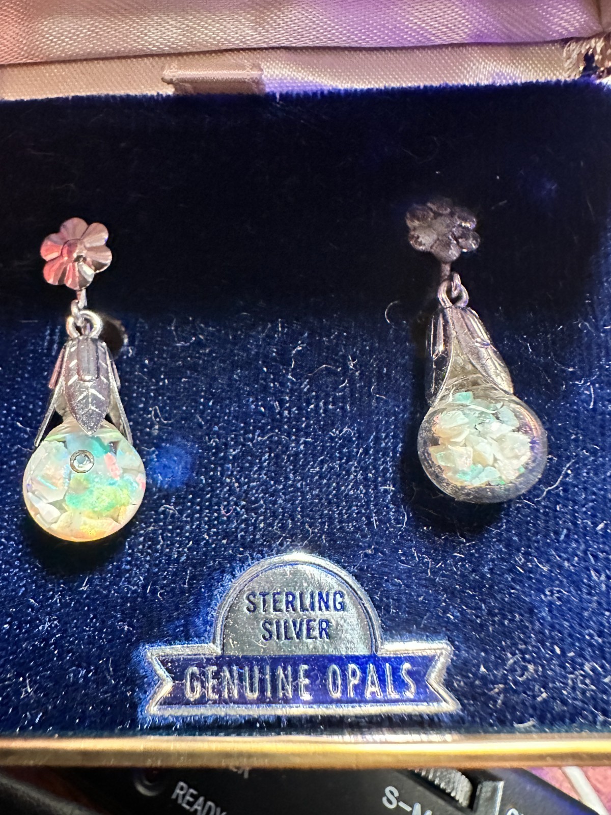 Vintage Opalite Floating Opal Sterling Silver Flower Leaf Earrings