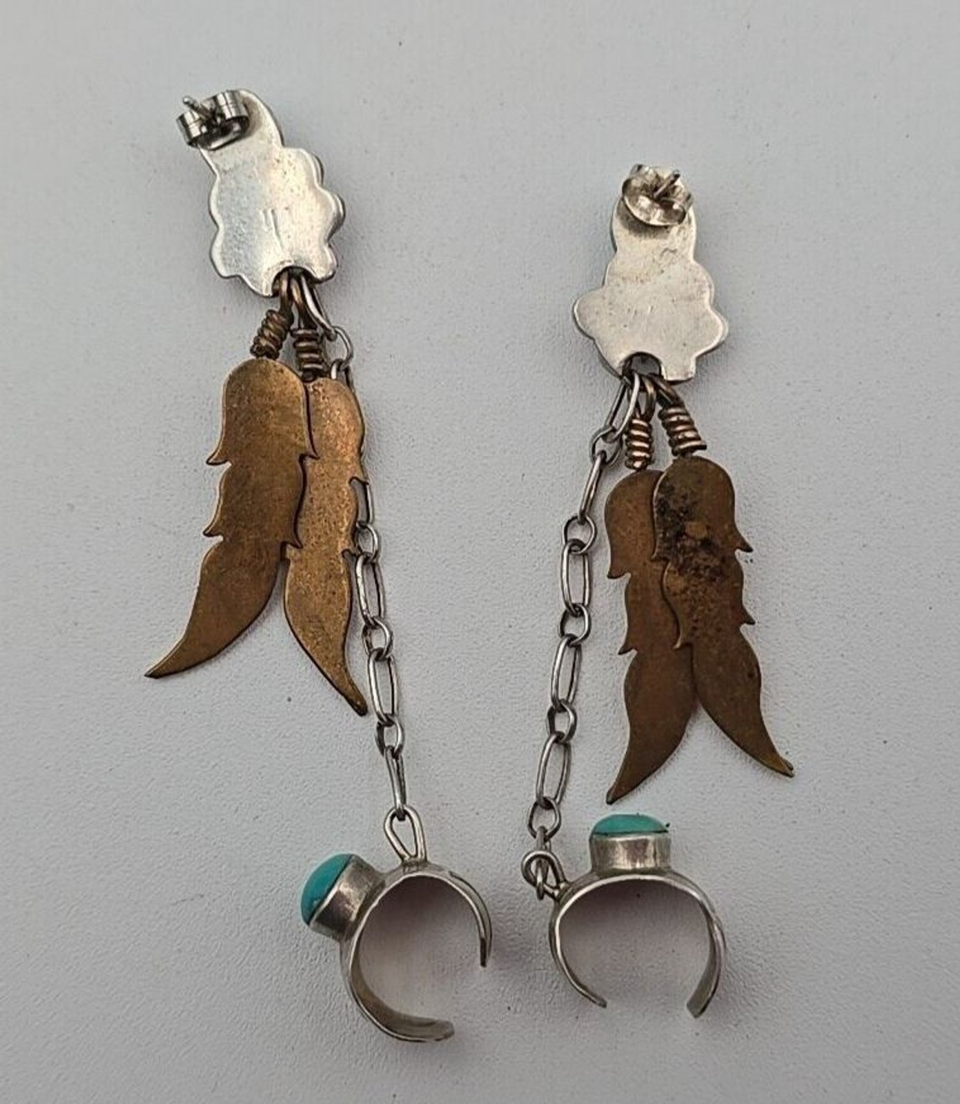 Silver Tone w/ Copper Tone Feathers Turquoise Rhinestone Dangle Earrings w/ Cuff