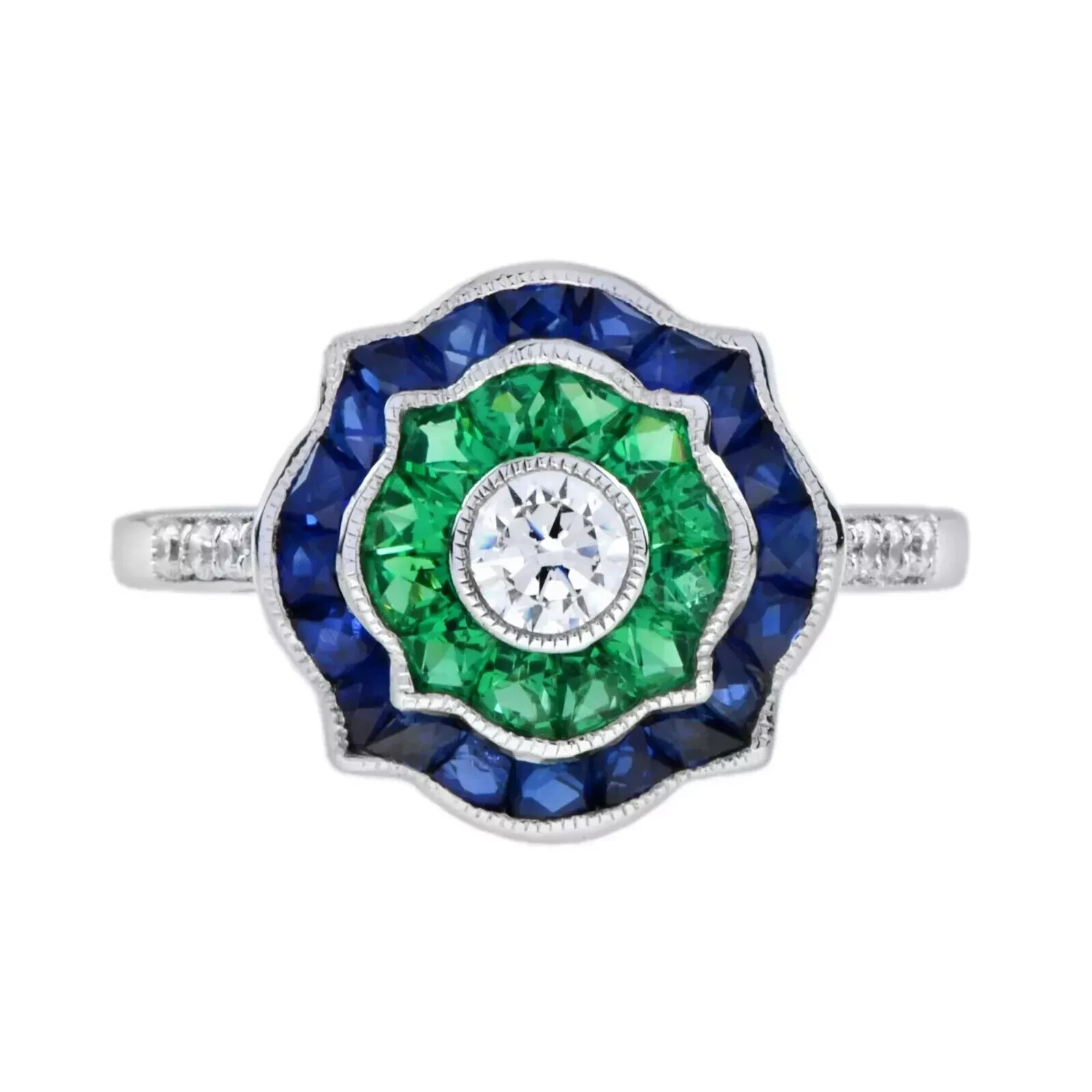 Art Deco Style Lab Created Diamond Emerald Sapphire Ring 14K White Gold Finish