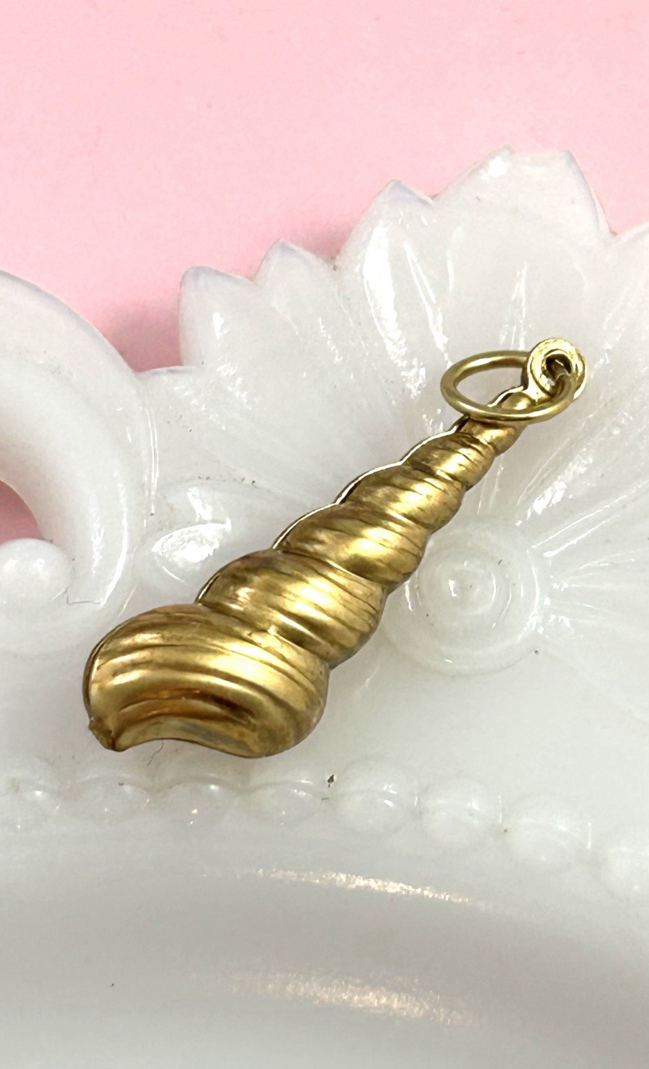 Vintage Brass Spiral Seashell Charm Puffy Shell Nautical Beach Pendant