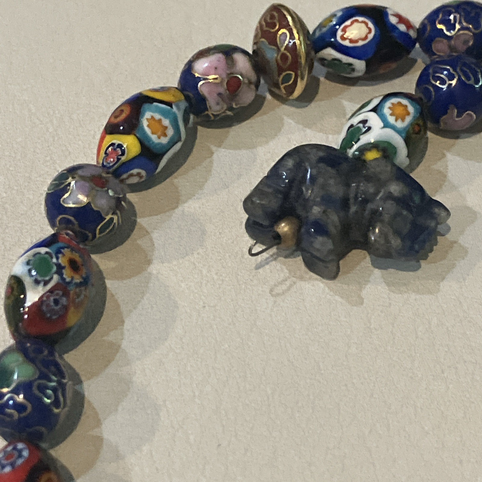 Italian Milifiore Oval Multicolored, Cloisonné & Carved Animals Bead Necklace