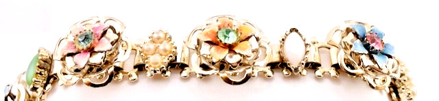 Vintage 3D Enamel Flower Rhinestone Panel Bracelet Bookchain