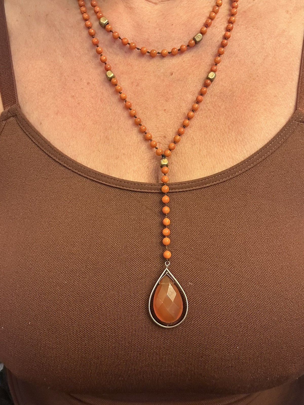Antique Reddish Orange Coral Small Beaded w/0range Onxy Necklace 25in