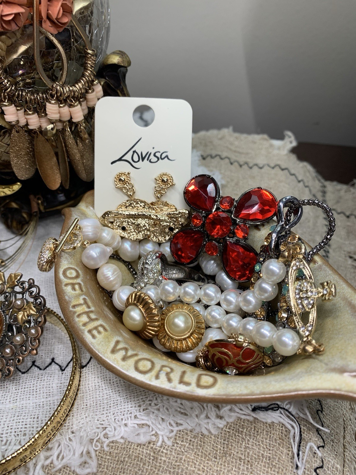 VTG Curated Mystery Costume Jewelry Jar Gold Tone Pastels Pearls Cameo WOW