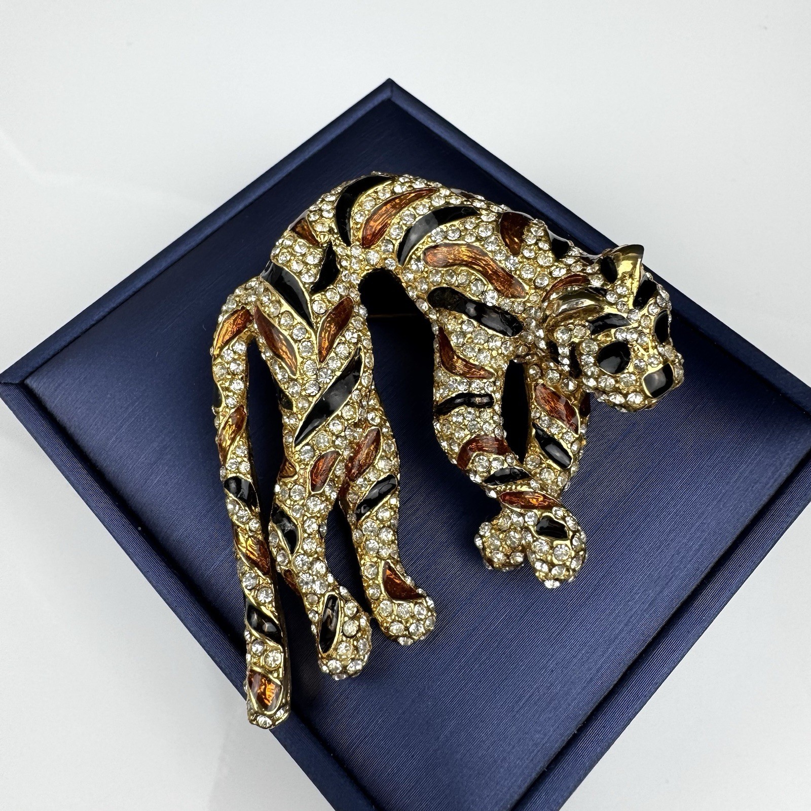 Vintage 1960’s Signed CINER Tiger Large Brooch Enamel Stripes Rhinestone