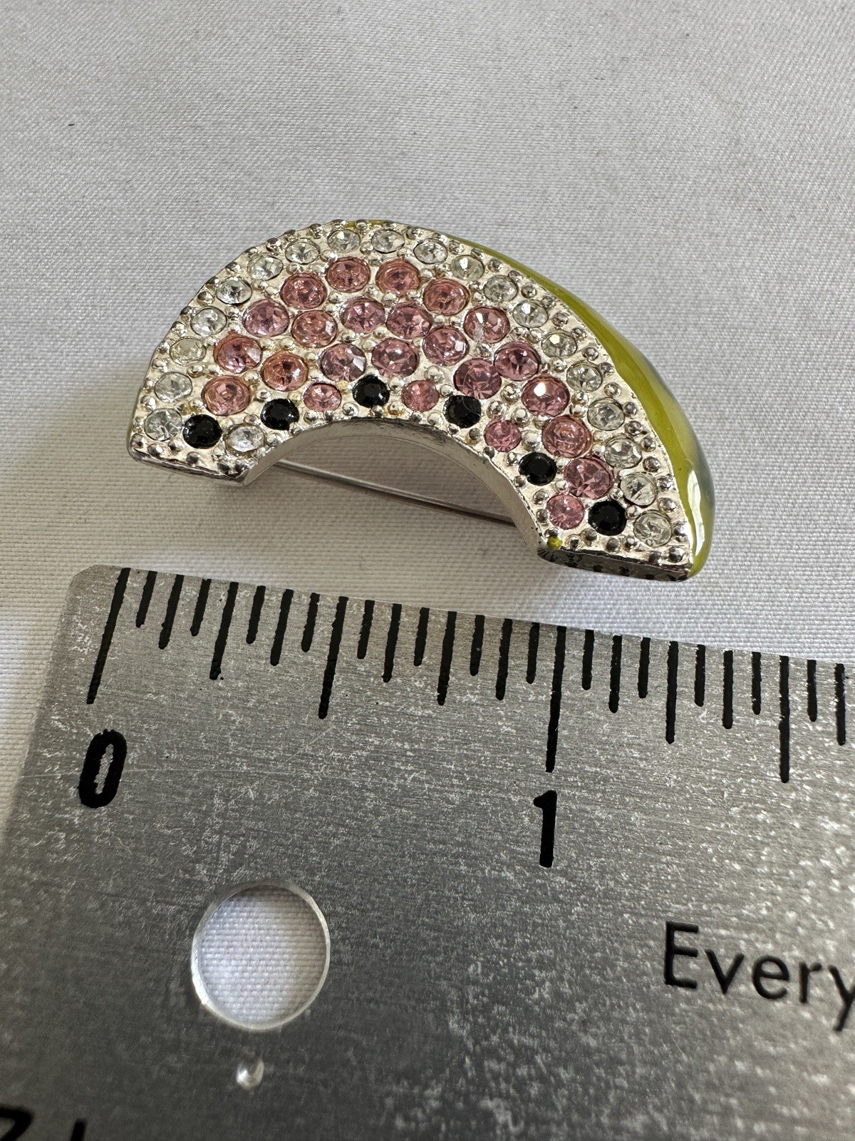 Monet Signed Vintage Enamel Rhinestone Watermelon Brooch Pin Silver Tone