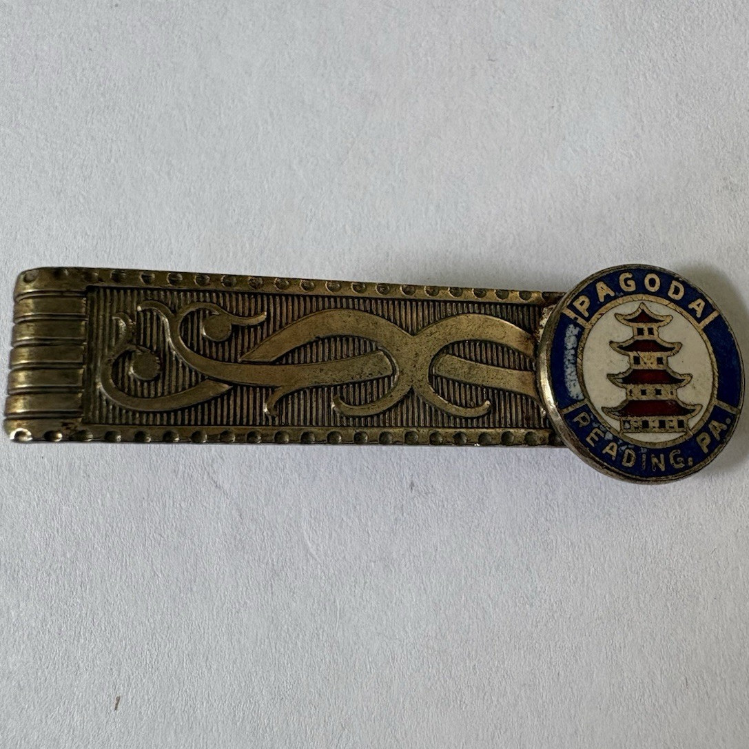 Vintage Pagoda Reading PA Enamel Tie Bar/Clip Silver Blue Round Signed 2.25in